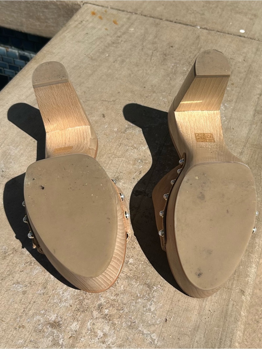 Stuart Weitzman Tan Suede Pearl-Trim Platform Mules - Picture 8 of 8